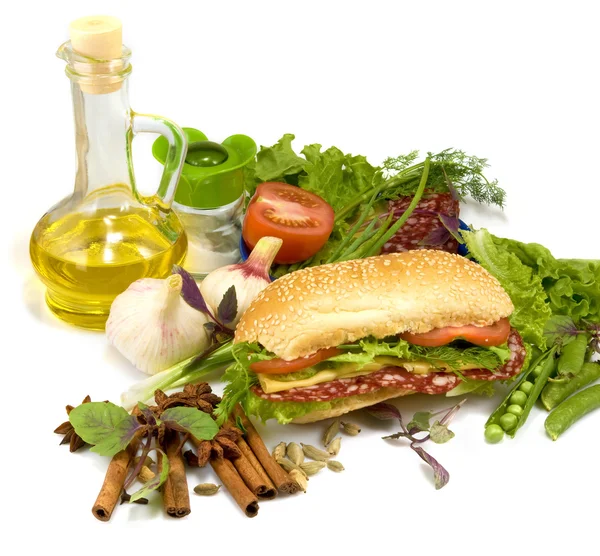 Image of sandwich and various herbs — Stock Photo, Image