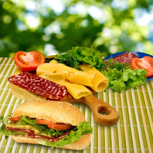 Sandwich, herbs, sausage, tomato and cheese — Stock Photo, Image