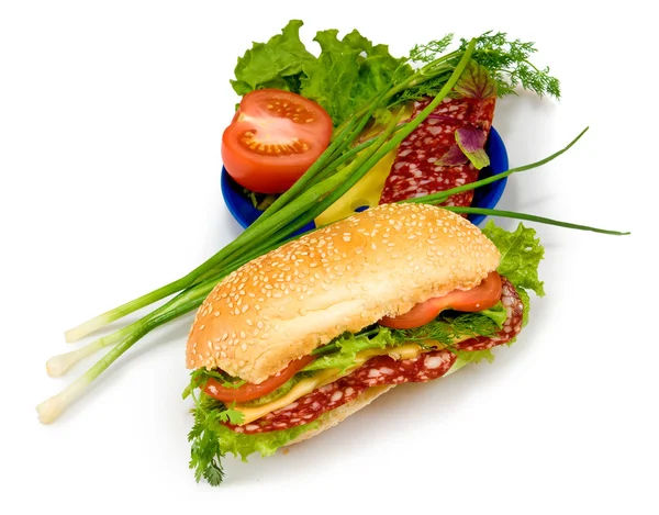Сэндвич, травы, колбаса, помидор и сыр — стоковое фото