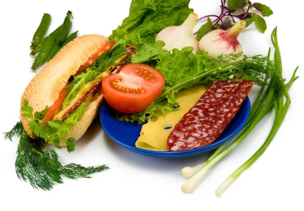 Sandwich, sausage, cheese, tomatoes and garlic — Stock Photo, Image