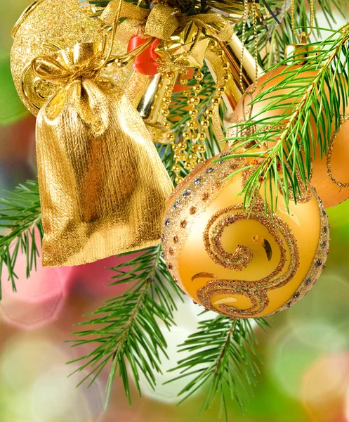 Christmas decorations on a green background — Stock Photo, Image