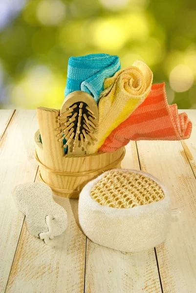 Image of bath accessories on a green background closeup — Stock Photo, Image