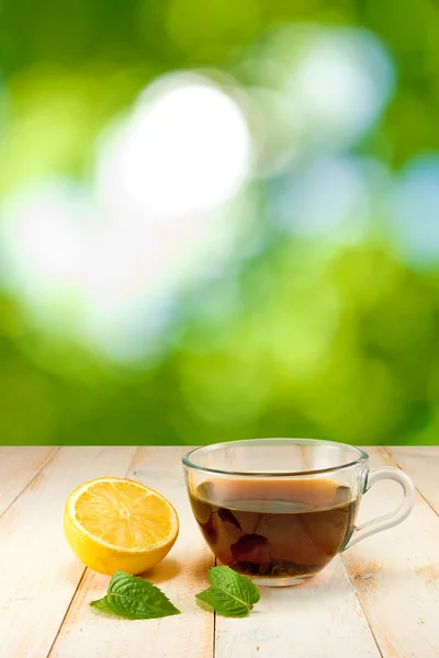 Tasse de thé au citron et menthe sur fond vert — Photo