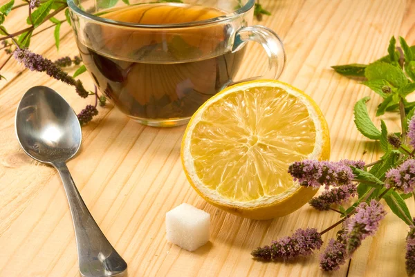 Tasse de thé et branches de menthe sur la table gros plan — Photo
