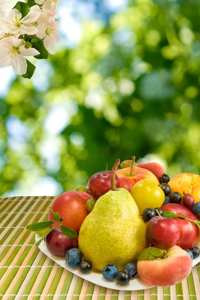 Verschiedene Früchte auf grünem Hintergrund — Stockfoto