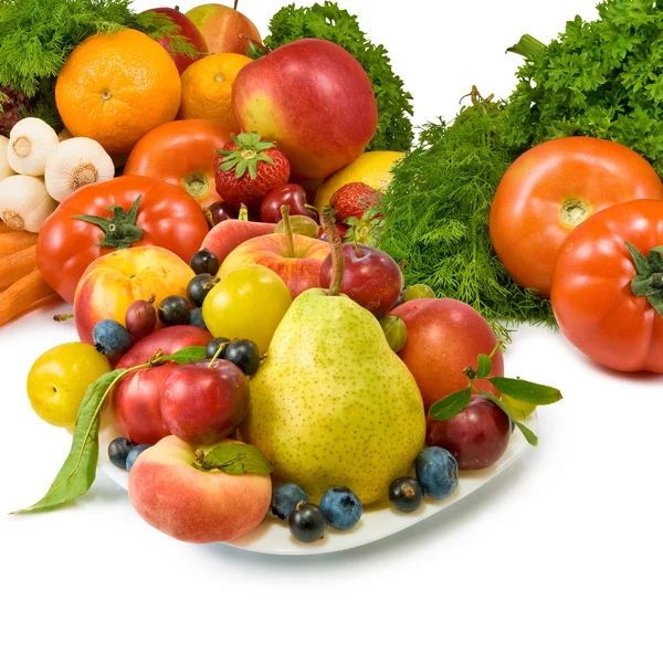 Various fruits and vegetables on a white background closeup — Stock Photo, Image