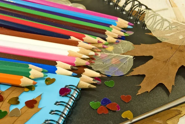 Crayons, cahiers, feuilles d'automne — Photo