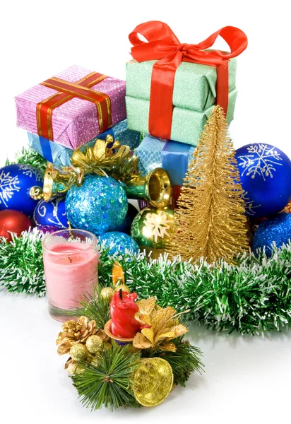 Different Christmas decoration and boxes with gifts — Stock Photo, Image