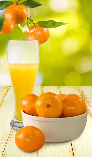 Imagen de jugo y mandarinas sobre un fondo verde —  Fotos de Stock
