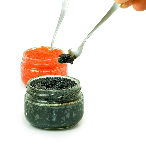 Jars red and black caviar — Stock Photo, Image