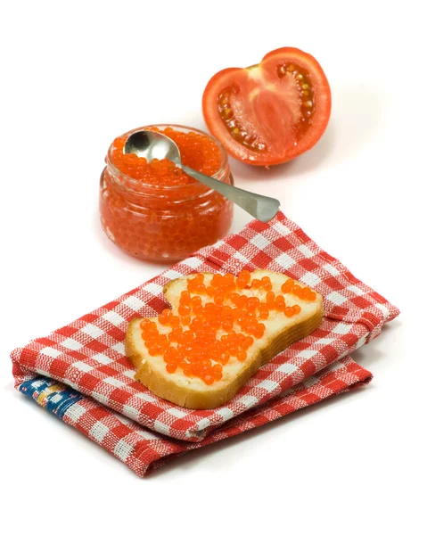 Banks with red caviar, tomato and sandwich — Stock Photo, Image