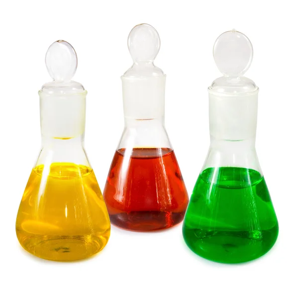 Flasks with reagents closeup — Stock Photo, Image