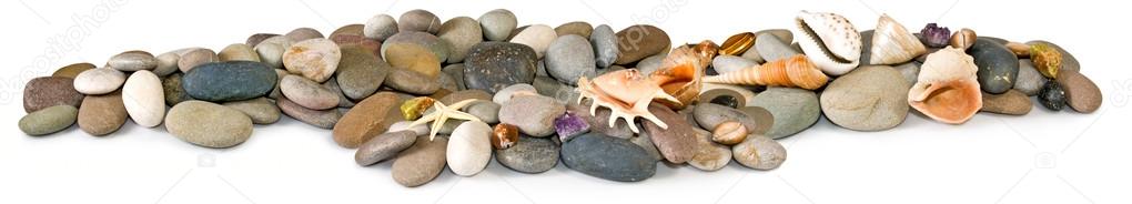 Isolated image of many stones and sea shells 