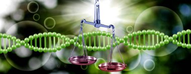 Metalik bir koldan sarkan pullar adaleti simgeliyor. Çevrelerindeki parlak yeşil DNA iplikleri, hukuk ve bilimin kesişimlerini renkli bir arka planda temsil ediyor..