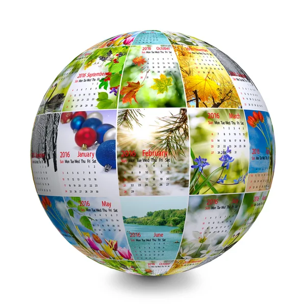 The globe made up of photographs with calendar — Stock Photo, Image