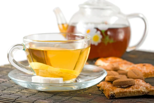 Imagen de la taza de té, y galletas de primer plano —  Fotos de Stock