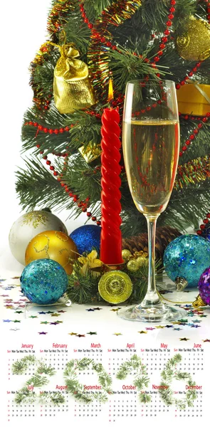 Calendar 2016. Image of Christmas decorations and champagne glasses closeup — Stock Photo, Image