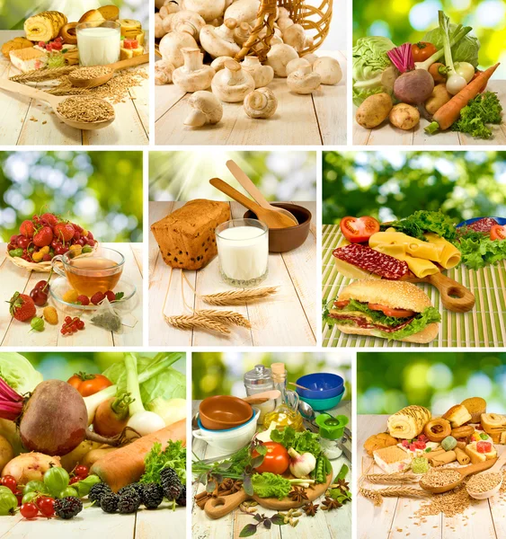 Mélange d'aliments différents : légumes, fruits, sandwichs, lait, gâteau et autres ingrédients close-up — Photo