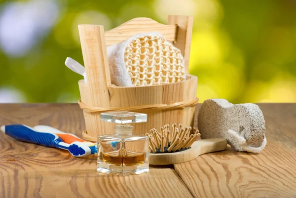 Image of bath accessories on wooden board closeup — Stock Photo, Image