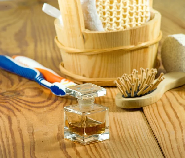 Image of bath accessories on wooden board closeup — Stock Photo, Image