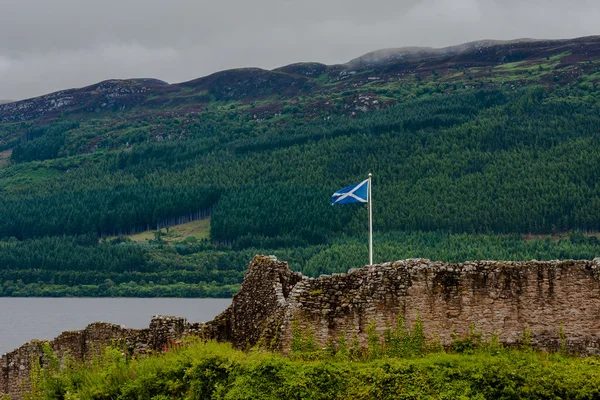 Skottlands flagga vid Urquhart Castle, Lochness, Highlands, Skottland Stockbild