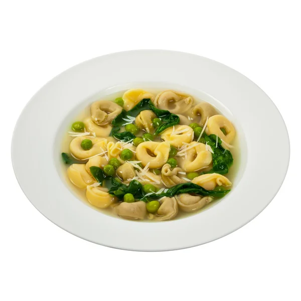 Tortellini-Suppe mit Spinat — Stockfoto