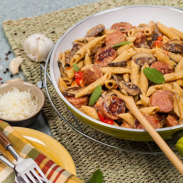 Sausage Pasta Alfredo — Stock Photo, Image