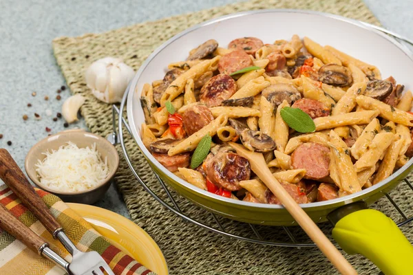 Sausage Pasta Alfredo — Stock Photo, Image