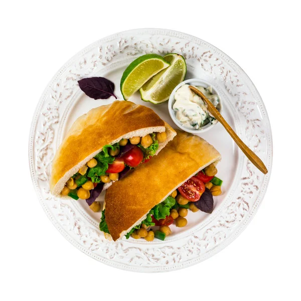 Veggie Pitas Met Garbanzo Bean Chickerwtensalade Selectieve Focus — Stockfoto