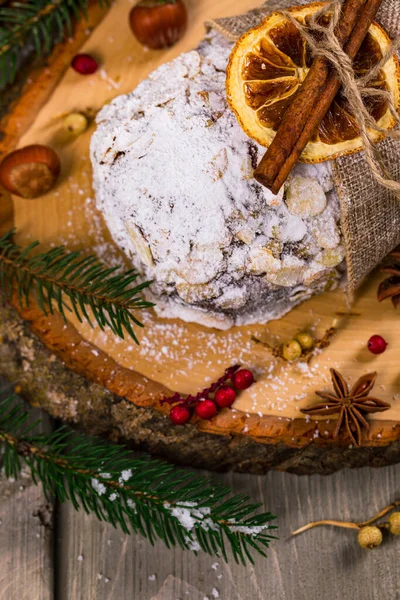 Christmas Holiday Background Stollen German Christmas Cake Dried Fruits Sliced — Stock Photo, Image