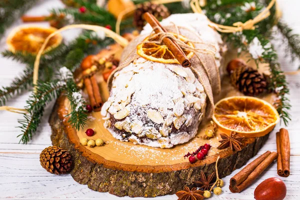 Christmas Holiday Background Stollen German Christmas Cake Dried Fruits Sliced — Stock Photo, Image