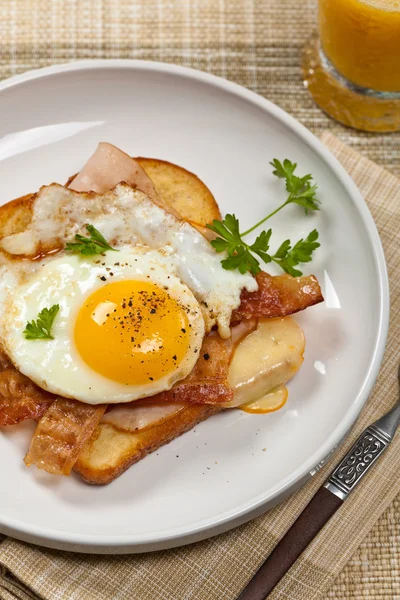 Fransız kahvaltı. Kızarmış yumurtalı sandviç.