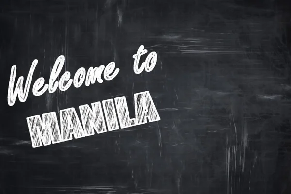 Chalkboard fundo com letras de giz: Bem-vindo ao manila — Fotografia de Stock