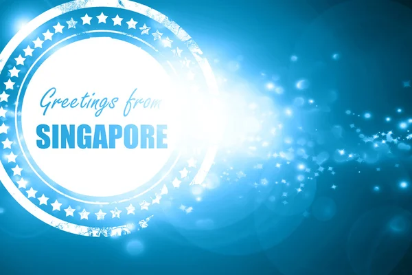 Niebieski znaczek na tle błyszczące: pozdrowienia z Singapuru — Zdjęcie stockowe