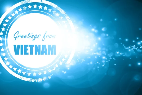 Pırıltılı zemin üzerine mavi pul: vietnam selamlar — Stok fotoğraf