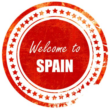 İspanya'ya hoş geldiniz, düz beyaz bir sırt üzerinde grunge kırmızı kauçuk damga