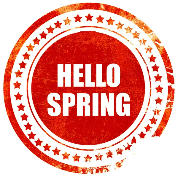 Hola primavera, sello de goma roja grunge en un fondo blanco sólido — Foto de Stock