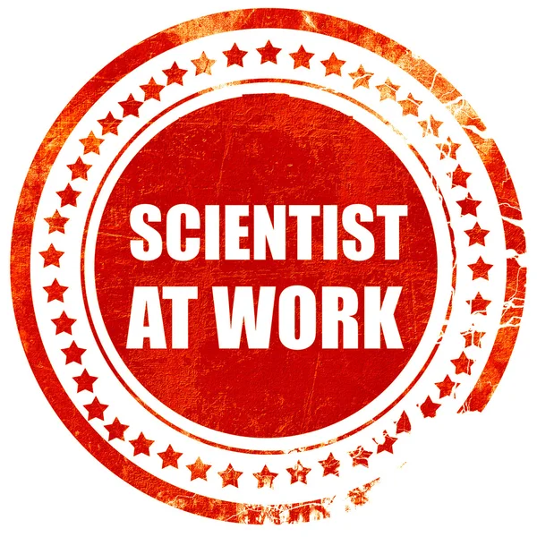 Científico en el trabajo, grunge sello de goma roja en una espalda blanca sólida — Foto de Stock
