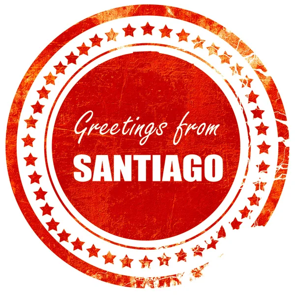 Santiago selamlar, katı bir whit üzerinde grunge kırmızı kauçuk damga — Stok fotoğraf