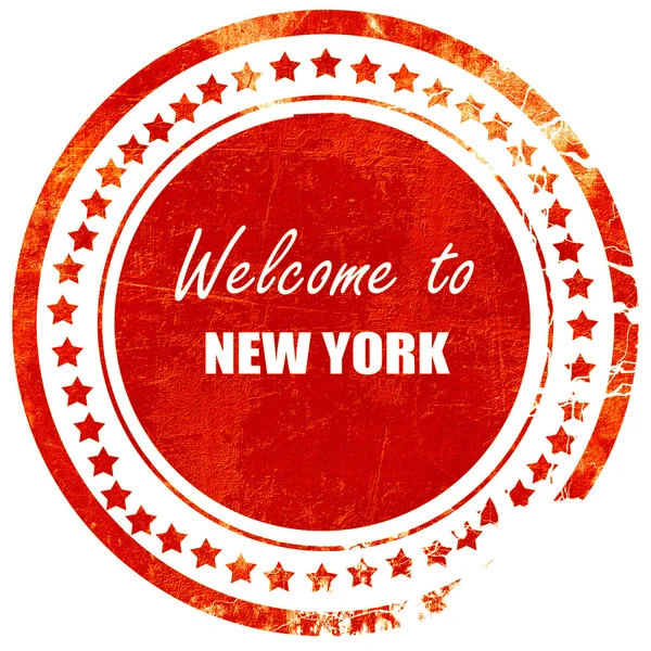 Welkom bij New York, grunge rode rubber stempel op een effen witte ba — Stockfoto
