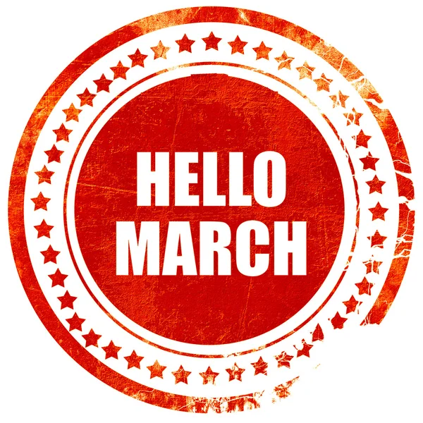 Hello march, grunge red rubber stamp on a solid white background — 스톡 사진