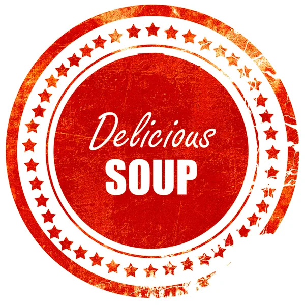 Delicious soup sign, grunge red rubber stamp on a solid white ba — Stock Photo, Image