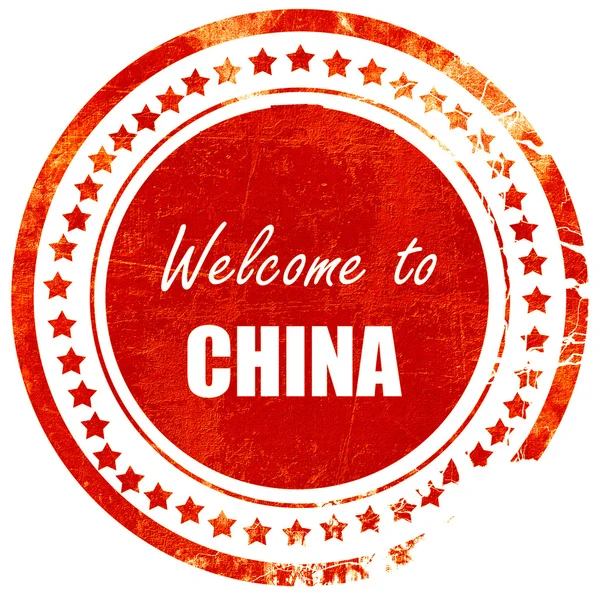 중국에 오신 것을 환영합니다, 단단한 흰색 백에 그런지 빨간 고무 스탬프 — 스톡 사진