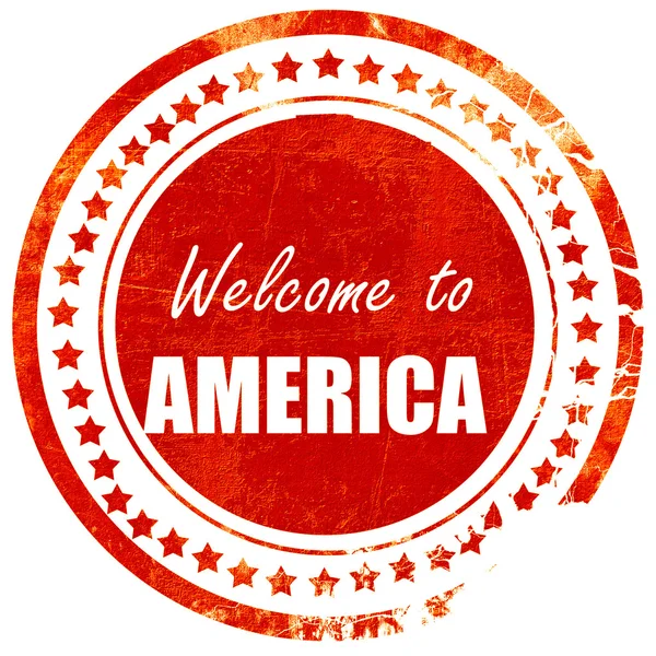 Ласкаво просимо до Америки, гранжева червона гумова марка на твердому білому спині — стокове фото