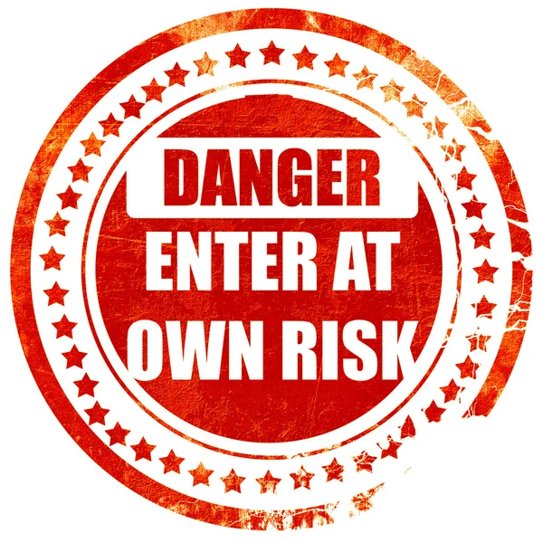 Enter at own risk, grunge red rubber stamp on a solid white back — Stock Photo, Image