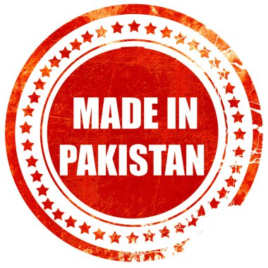 Pakistan made in, katı beyaz bir sırt üzerinde grunge kırmızı kauçuk damga
