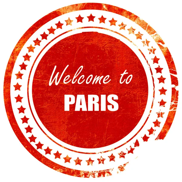 Ласкаво просимо до Парижа, гранжева червона гумова марка на твердому білому фоні — стокове фото