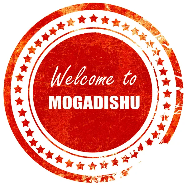 Welkom bij Mogadishu, grunge rode rubber stempel op een effen witte b — Stockfoto