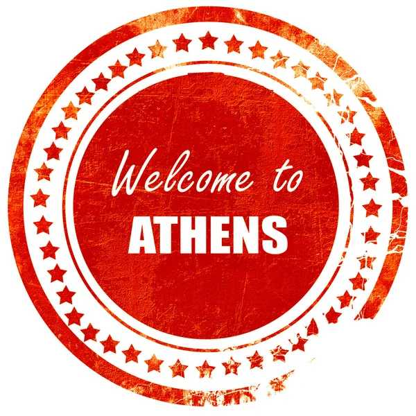 Vítejte v Athénách, grungeové červené razítko na pevném bílém zadním — Stock fotografie