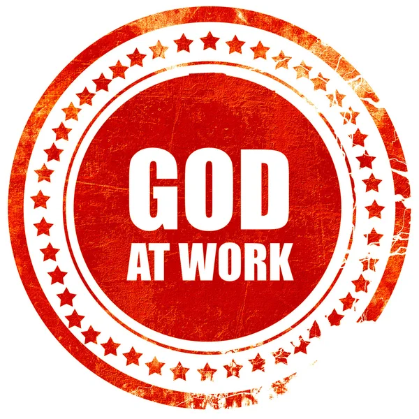 Bóg w pracy, grunge czerwony pieczątka na jednolitym białym tle — Zdjęcie stockowe